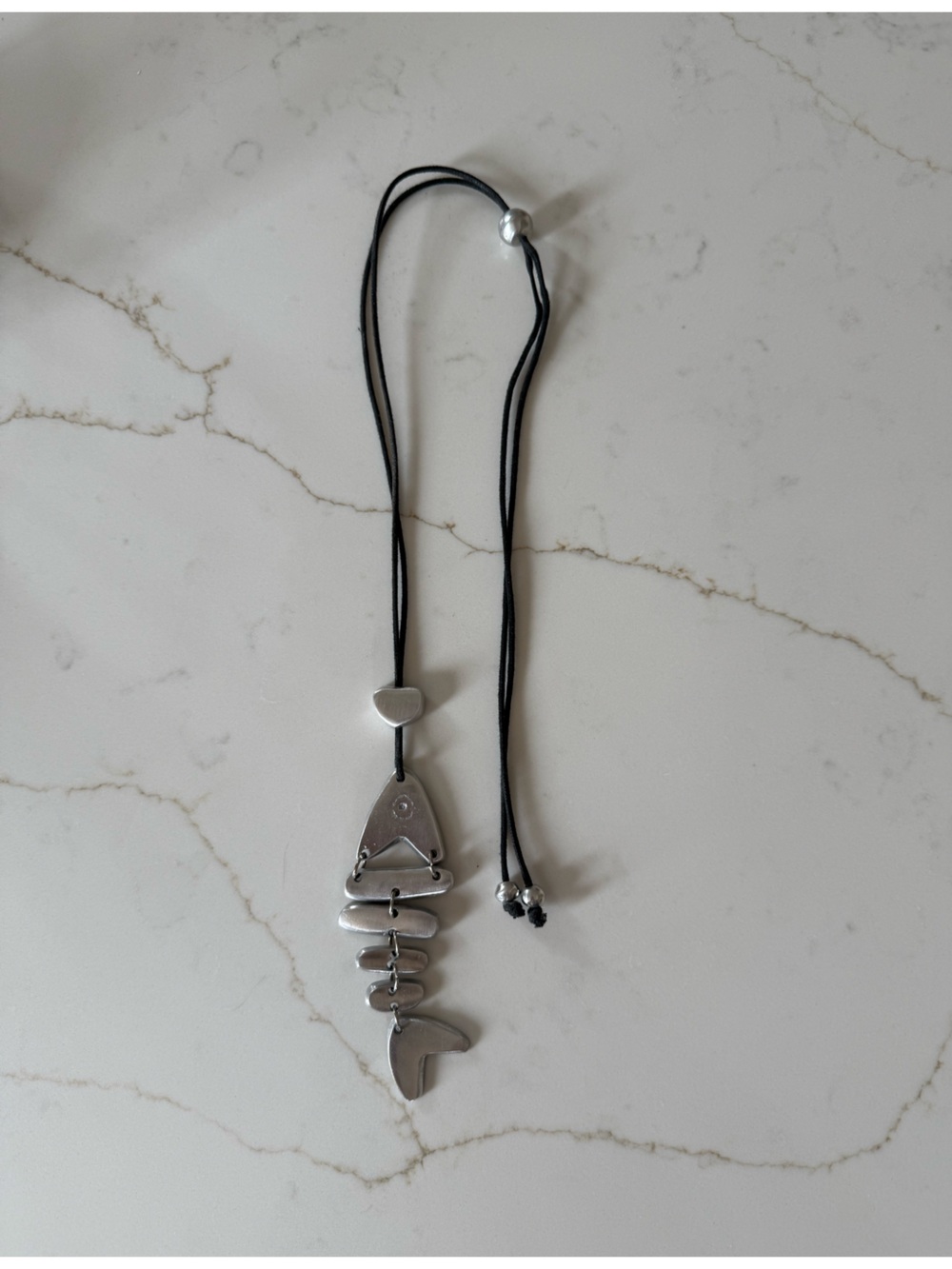 Women’s Silver Fishbone Pendant Necklace - Black Cord